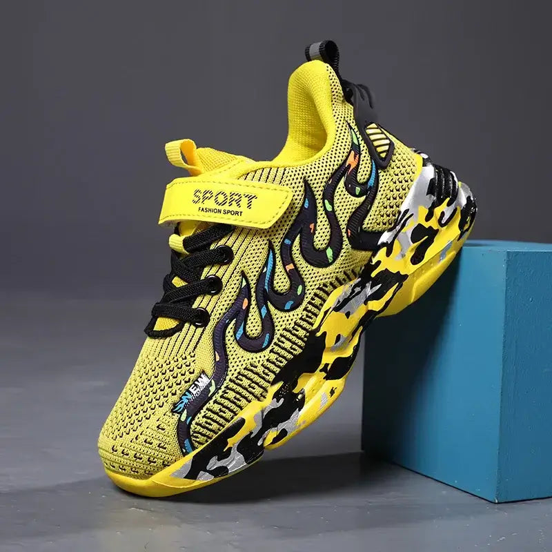 Stylish yellow and black sports shoes featuring flame design, perfect for fashion-forward athletes.
