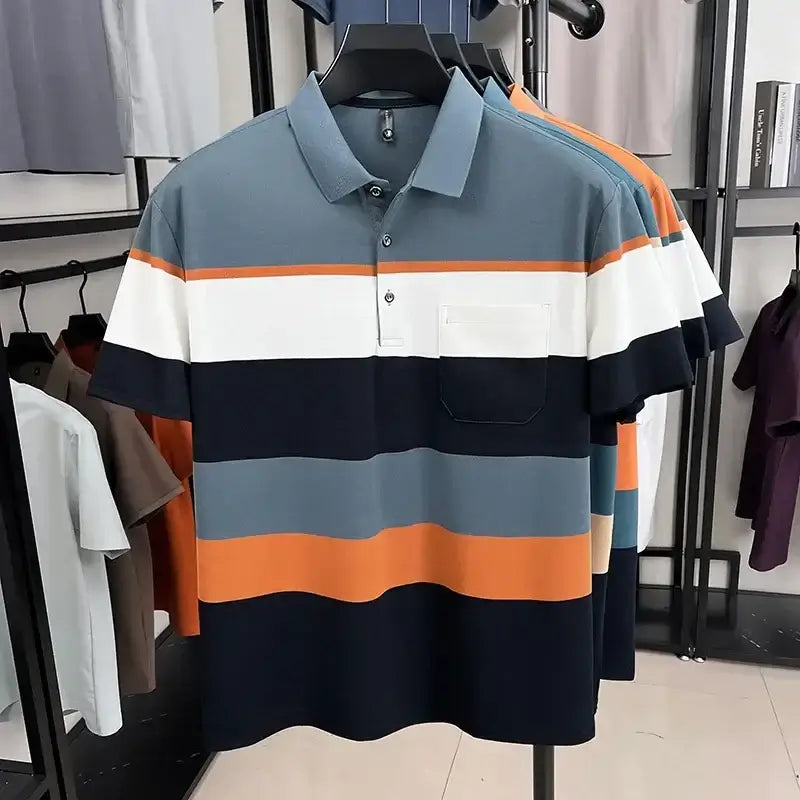 Stylish striped polo shirt collection featuring blue, orange, and white colors on display, perfect for casual wear.