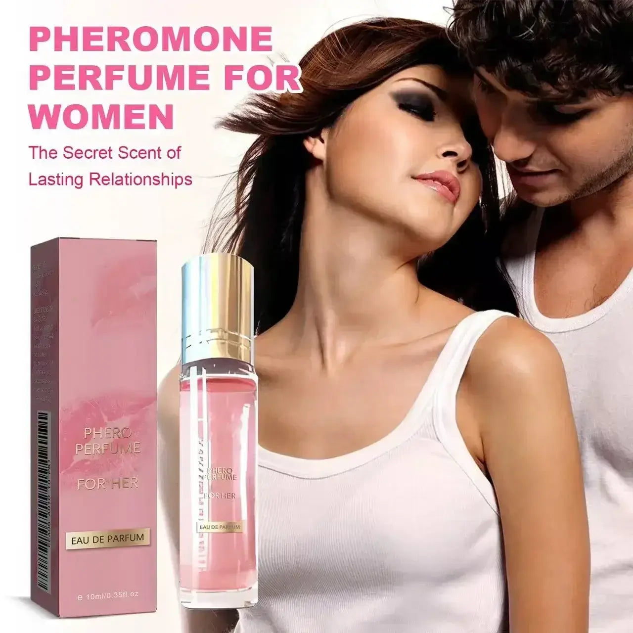 Pheromone perfume for women, showcasing attractive packaging and a couple enjoying its scent, promoting lasting relationships.