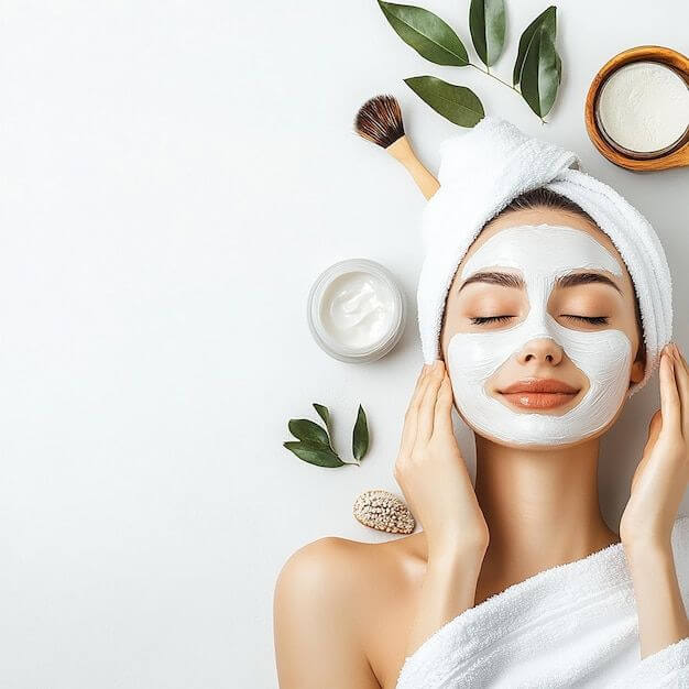 Woman enjoying a facial mask with natural ingredients, promoting relaxation and self-care in a spa-like setting.