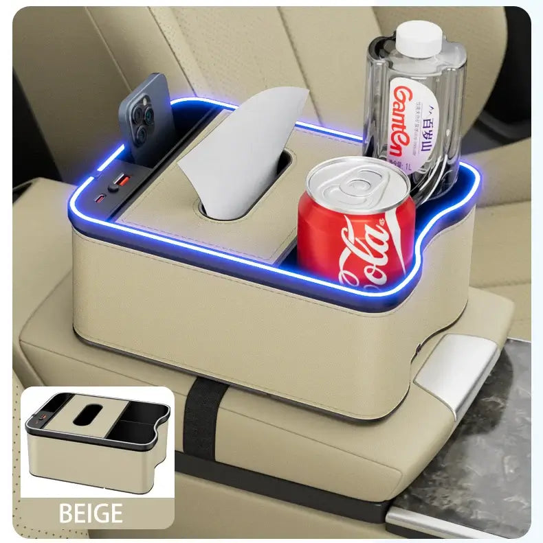 Beige car accessories organizer with LED light, cup holder, tissue compartment, and storage for drinks and remote.