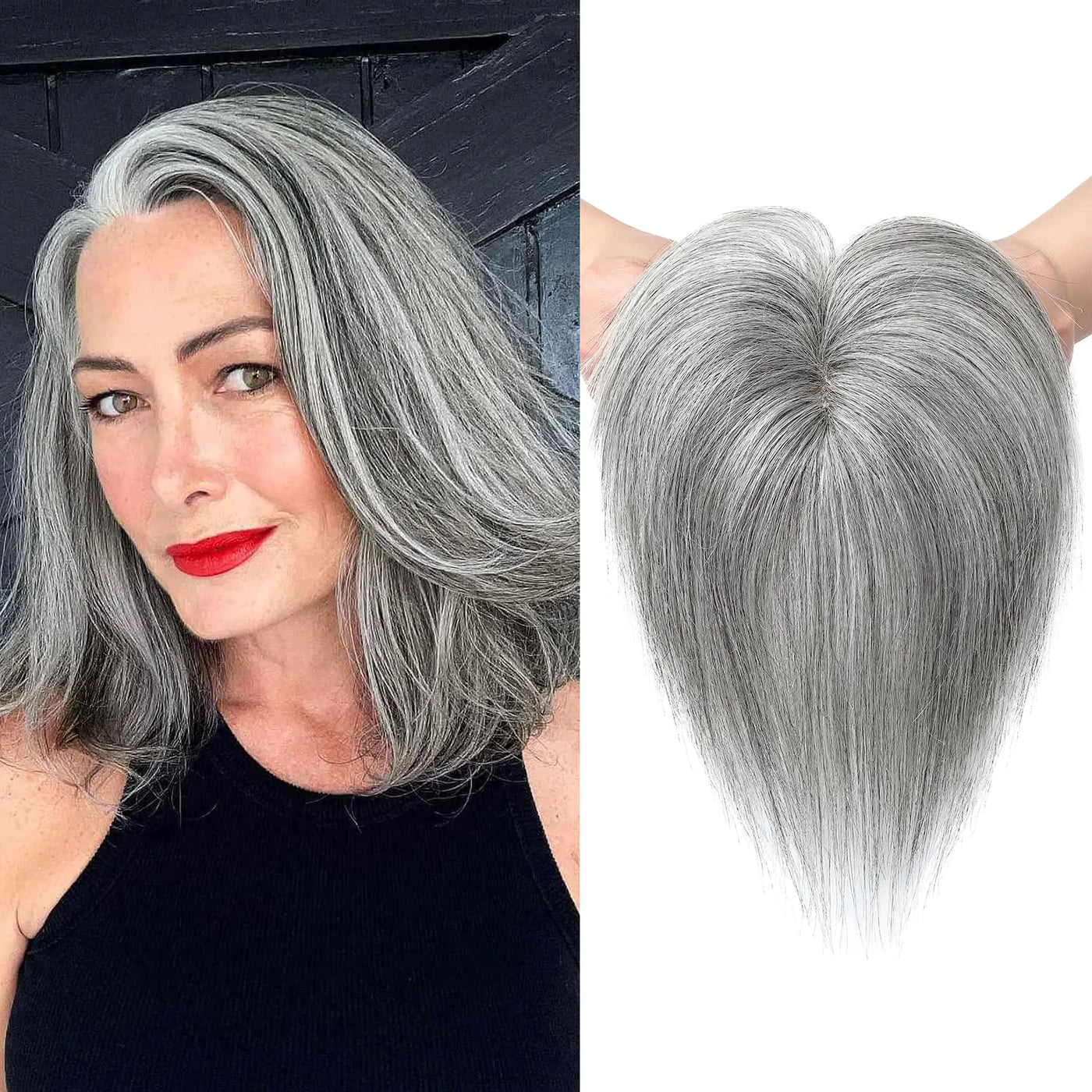REECHO Human Hair Toppers 6 Inch Hair Toppers for Thin Hair Topper Hair Pieces with Bangs Real Human Hair Clip In Wig Hair Topper Top Hair Extensions - Grey