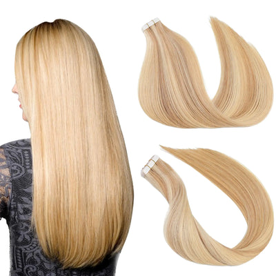 Tape in Hair Extensions Human Hair Bleach and Caramel Blonde Remy Human Hair 14in 50g Seamless Tape in Hair Extensions ，Thick Ends Straight Seamless Invisible Tape in Hair Extensions Human Hair
