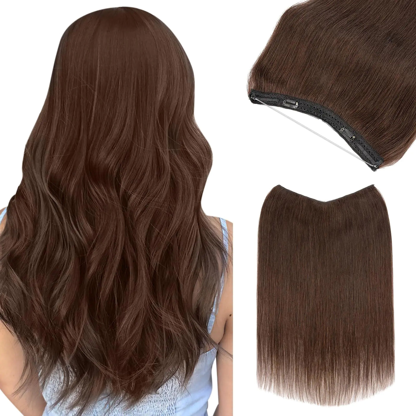 Halo Hair Extensions Real Human Hair Benehair Brown Halo Hair Extensions Remy Human Hair 20 Inch Invisible Wire Hair Extensions for Adding Volume Hair Halo Extensions For Women #02 Dark Brown