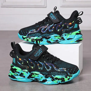 Boys running shoes with vibrant flame design and camouflage sole, perfect for active kids aged 7-12.