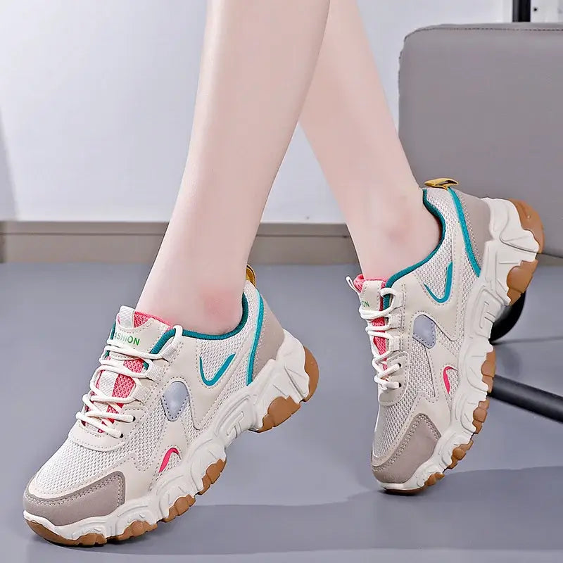 Women's breathable casual vulcanized sneakers in mixed colors, perfect for spring and autumn with lace-up closure.