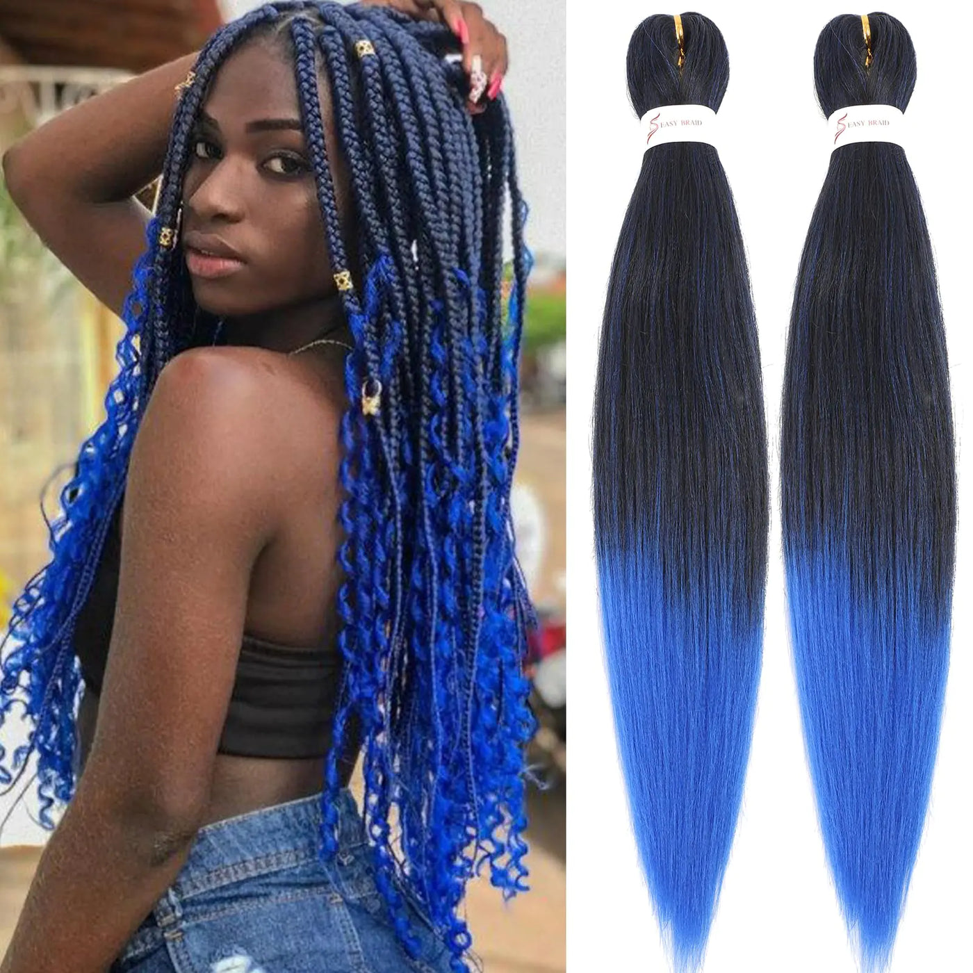 26 Inch Pre Stretched Braiding Hair 2 Packs Omber Blue Braiding Hair Professional Syntheti Braiding Hair Extensions Long Braiding Hair Yaki Texture Synthetic Hair (26inch 2Packs Tblue#)