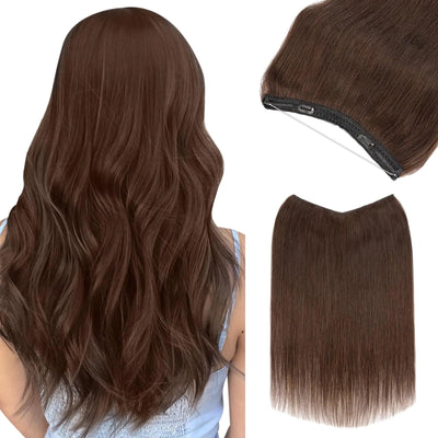 Halo Hair Extensions Real Human Hair Benehair Brown Halo Hair Extensions Remy Human Hair 20 Inch Invisible Wire Hair Extensions for Adding Volume Hair Halo Extensions For Women #02 Dark Brown