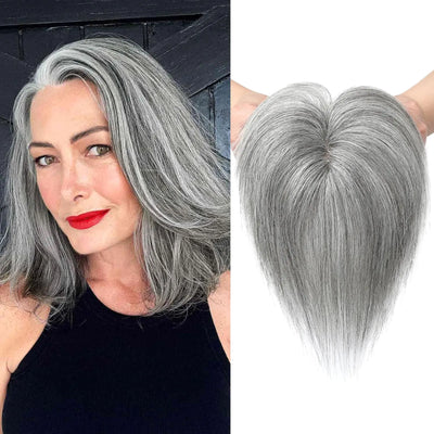 REECHO Human Hair Toppers 6 Inch Hair Toppers for Thin Hair Topper Hair Pieces with Bangs Real Human Hair Clip In Wig Hair Topper Top Hair Extensions - Grey