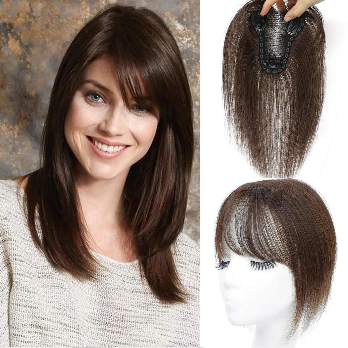 UDU Hair Toppers for Women Real Human Hair Human Hair Toppers with Bangs Clip In Bangs Wiglets Hair Pieces for Women with Thinning Hair Hair Loss Cover Gray Hair
