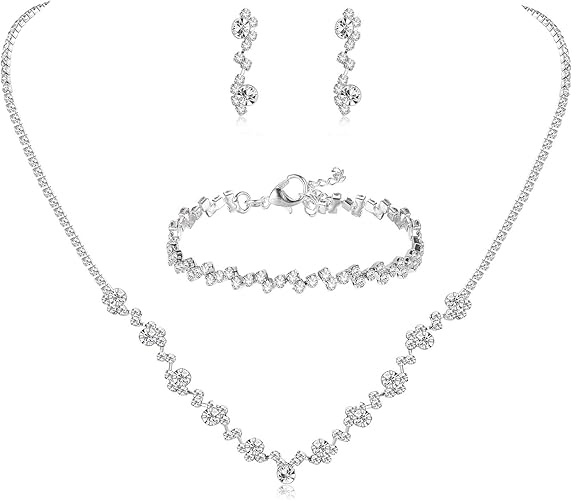 Silver Bridal Wedding Jewelry Set Crystal Necklace Bracelet